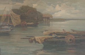 Laguna con barche e figure.