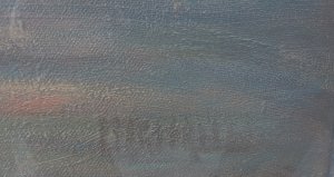 Laguna con barche e figure. Particolare con firma